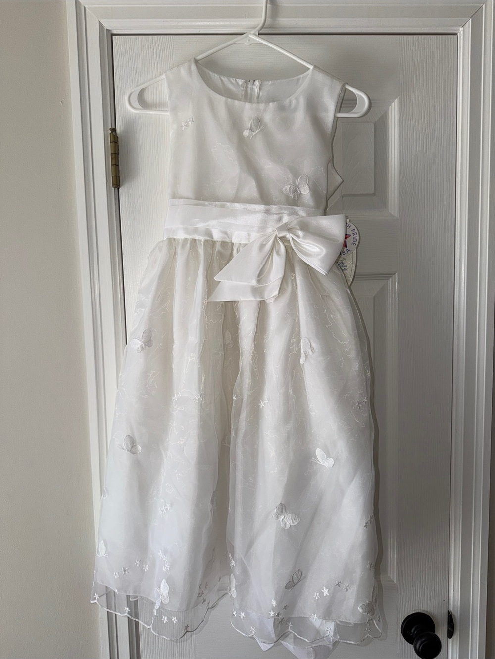 White Girls' Butterfly Embroidered Party Dress with Sash